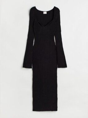 H&M Black Ribbed Sweetheart Neck Midi Dress